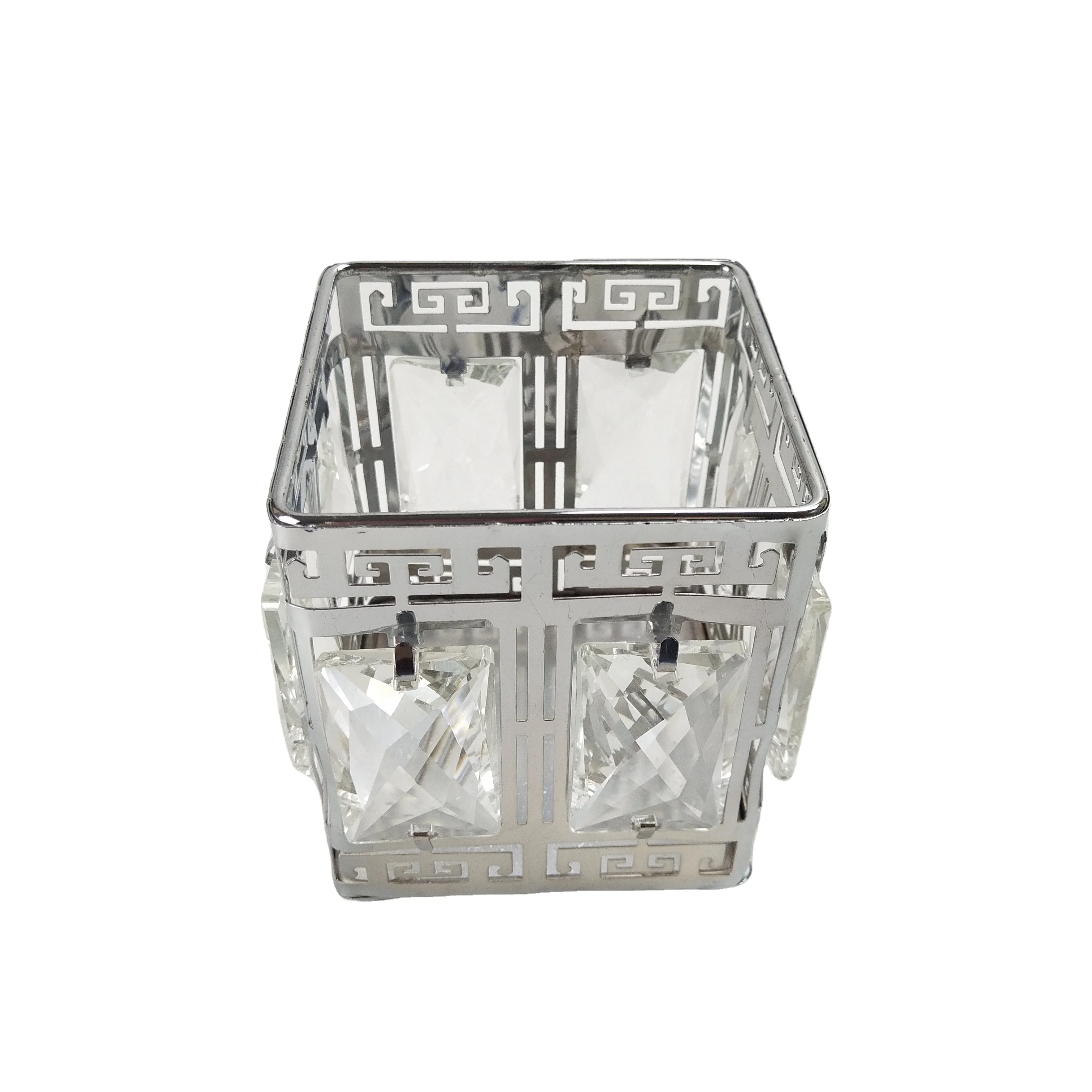 Office Desk Organizer Metal Square Silver Crystal Crafts Bathroom Vanities Cosmetic Make up Brush Storage Holder Organizer