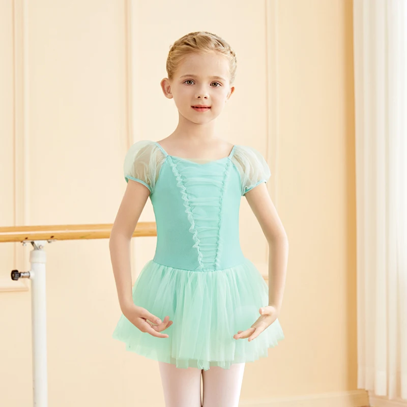 Girls Ballet Leotard Cotton Puff Sleeve Korean Tutu Dress Princess Flower Kids Dance Dress