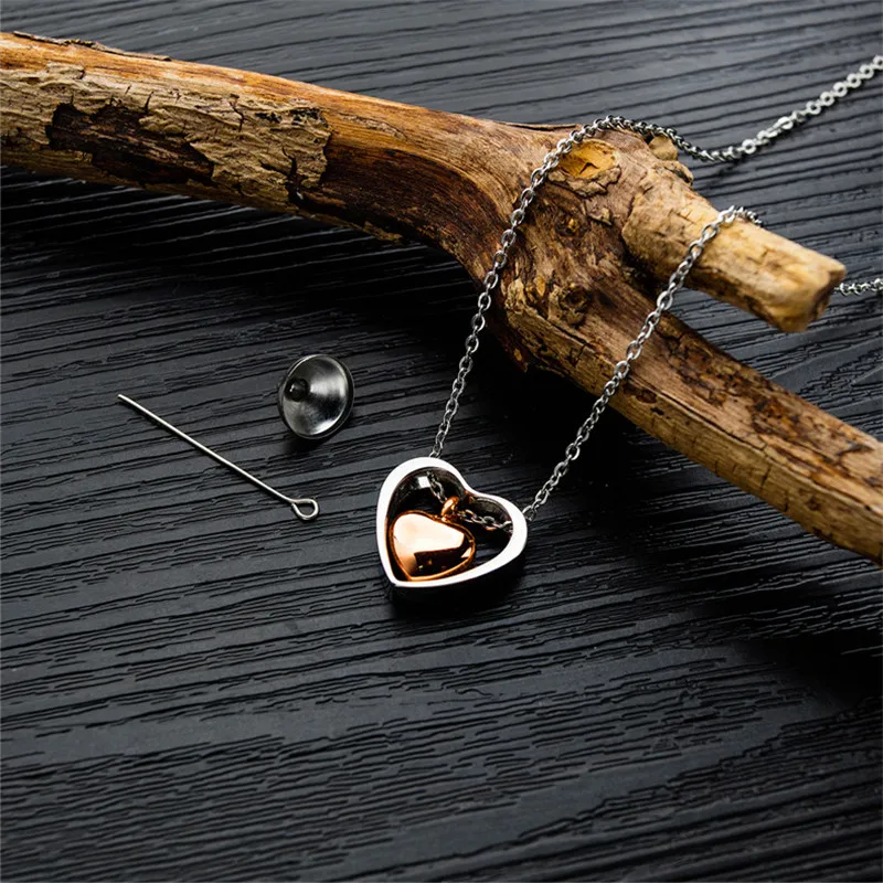 Wholesale titanium metal necklace double heart pet ashes urn necklace cremation urn necklace