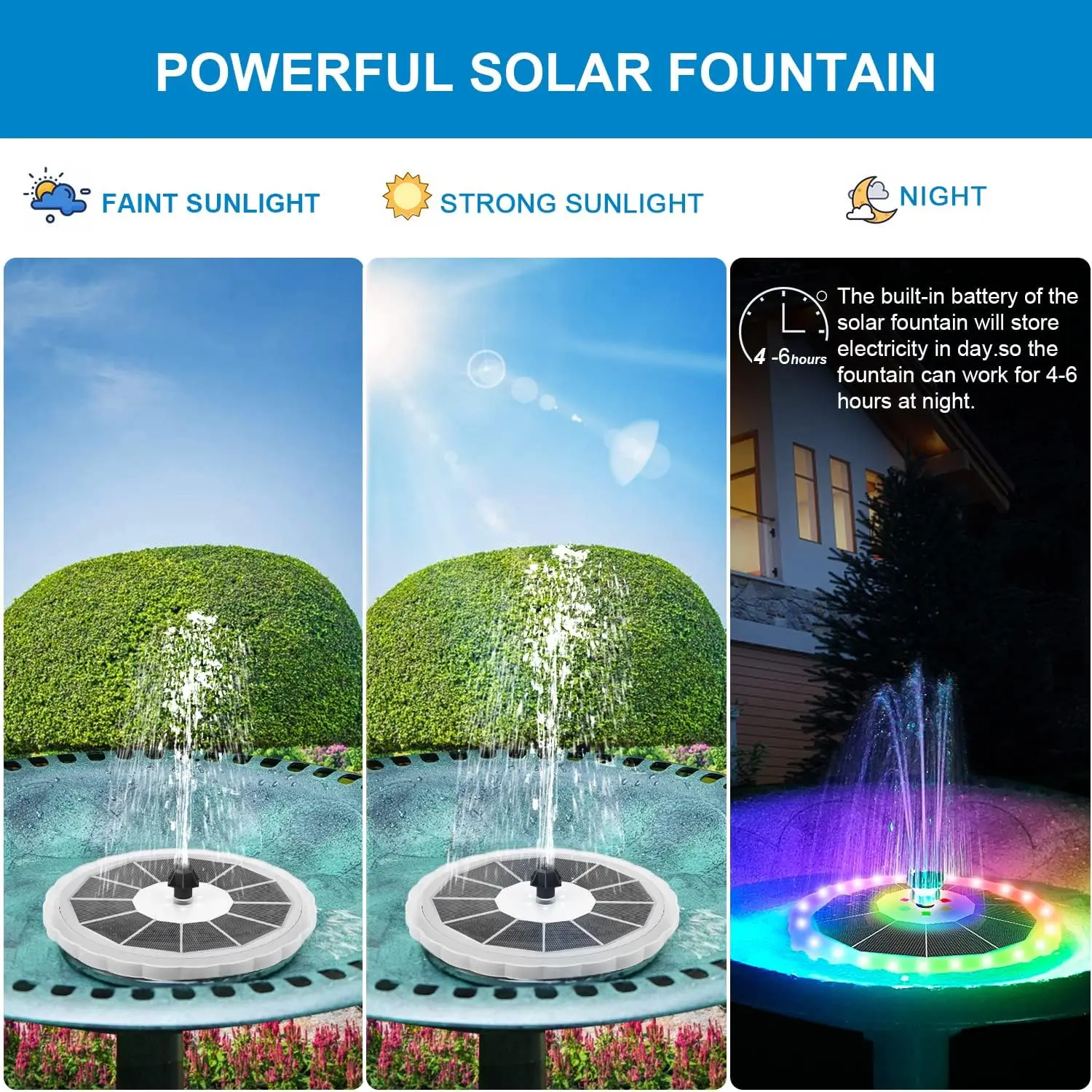 Two Lights Modes Solar Energy Water Features 7 Nozzles 4 Fixers 2000mAh Battery Bird Bath Solar Fountain