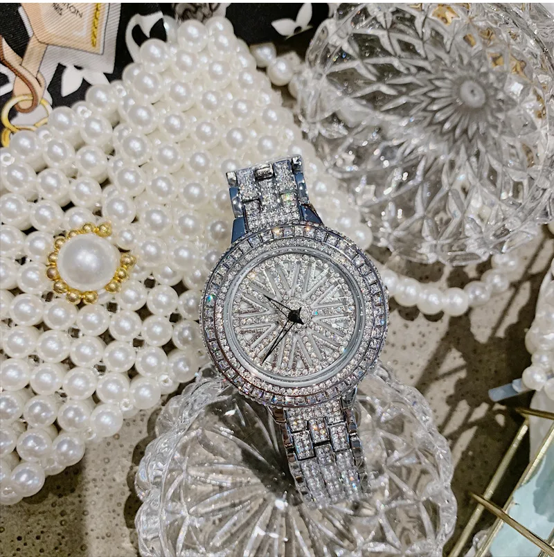 Full Of Diamond! High Quality Silver Plating Shining Diamond Quartz Watch For Party Iced Out Women Bracelet Watches Wrist Luxury
