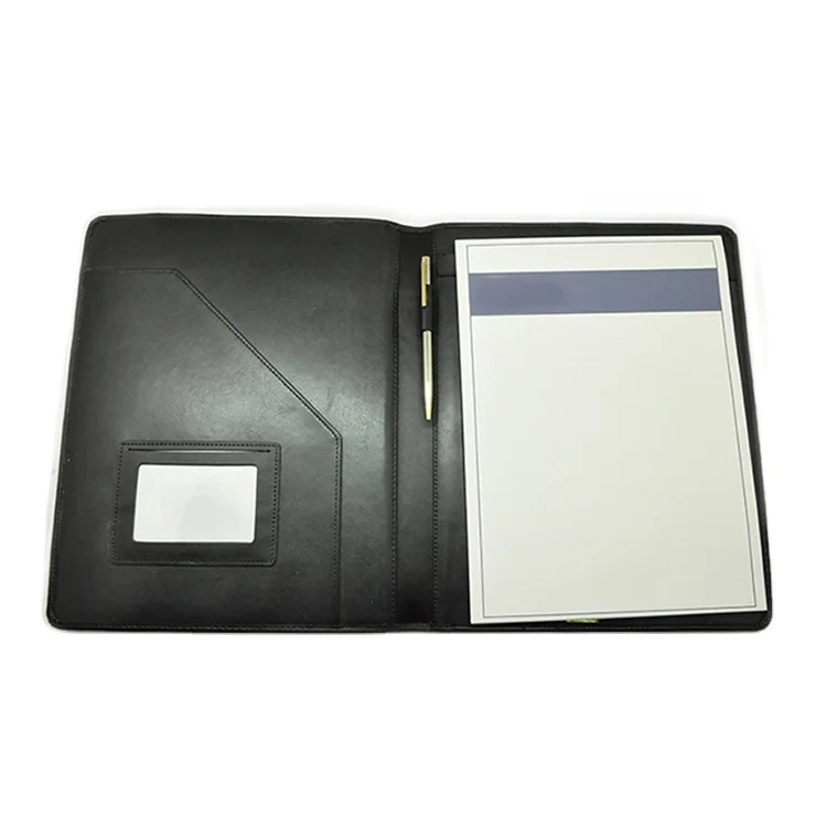 Manufacture A4 A5 Customized PU Leather Folder with Notepad Pouch Black Folder Menu Office Supplies