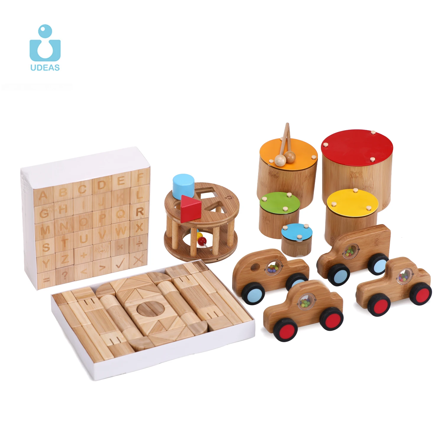 UDEAS Bamboo Set Musical Folding Drum Toy Mini Car Play Early Learning Sorting Set Wooden Montessori Toy