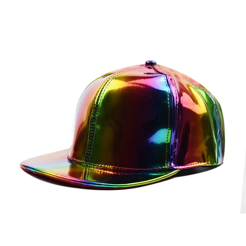 New Style Hip Hop 6 Panel Flat Brim Party Pure Color Light PU Shiny Leather Hat Baseball Snapback Cap Hats
