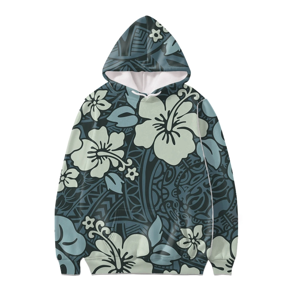 Wholesale Cropped Top Hoodie Elegant Green Polynesian Flowers Print Custom Printed Hoodie Hiphop Clothing Oversized Wear