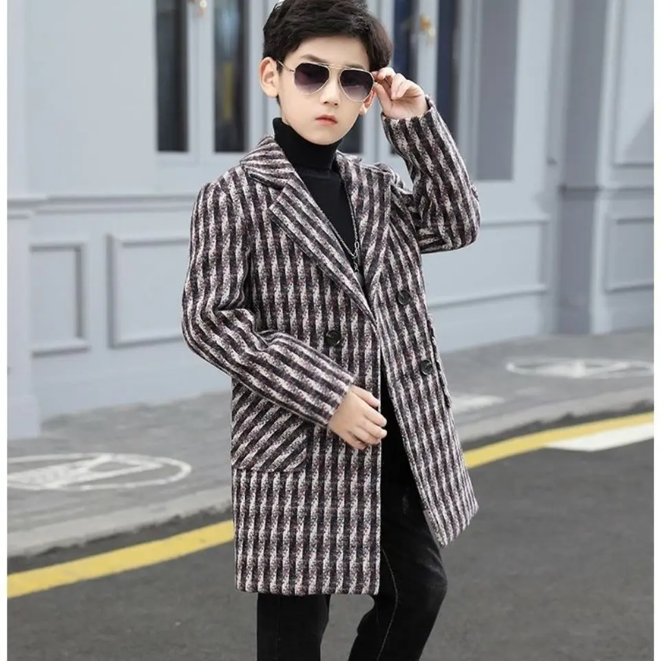 Boys Clothes Autumn Winter Cashmere Children Double-breasted Baby Boy Trench Lapel Woolen Outerwear Coats