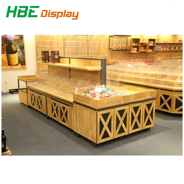 Wooden board supermarket bulk foods snack food display cabinet storage case shelf