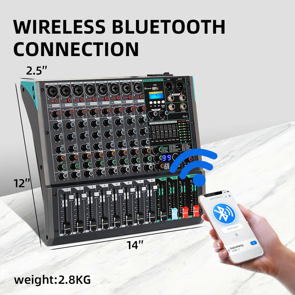 Rayco PA8 Audio Mixing Console Wtih MP3 Computer Input Built-in 99 Reverb Effect 8 Channel usb Audio Mixer