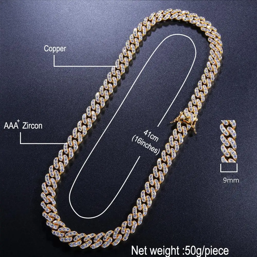 Hiphop Men Women Iced Out 9mm Cuban CZ Link Chain	Bling Miami Cuban Necklace New Arrivals Rapper Jewelries