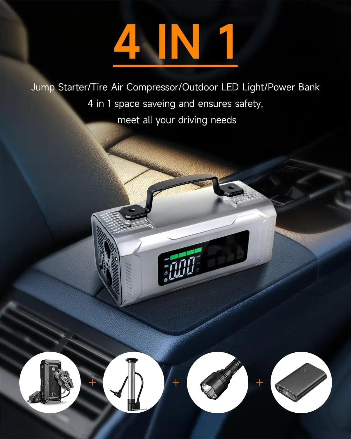 HF04 new model jump starter inflatable portable 6 in 1 compressors 12v AC/DC air compressor car inflator with highlight LED