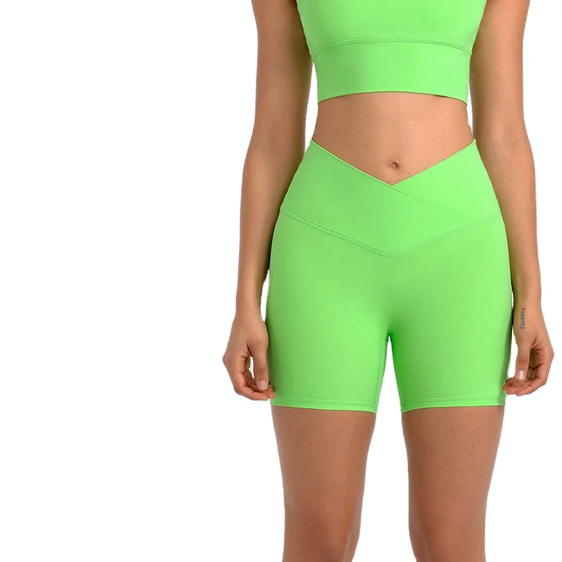 GC Cross waistband nude yoga pants stretch high waist running fitness shorts no T line sports shorts for women