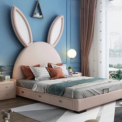Airland Modern Kids Bedroom Furnitures Children Upholstered Beds Home Rabbit Genuine Leather Soft Backrest Storage Wooden Bed