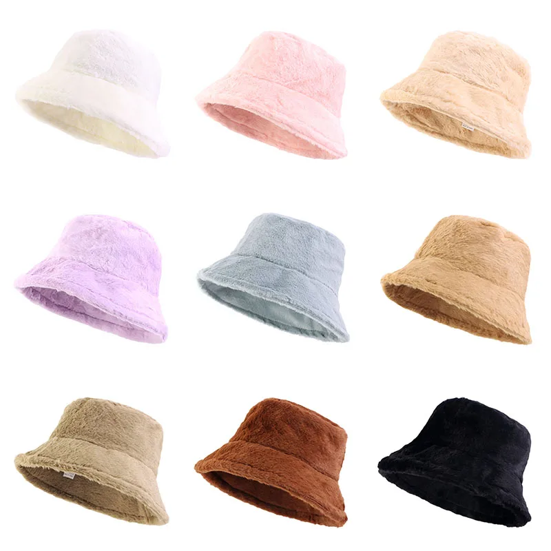 winter warm thick women solid color custom logo fishing cap plush fuzzy furry fluffy Faux Fur Bucket Hat