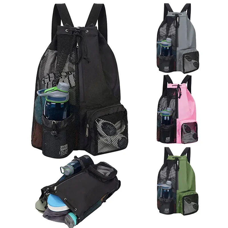 Customized Mesh Gym Bag Sports Beach Backpack Men Women Summer Swim Net Drawstring Backpacks with Wet Pockets for Outdoor Hiking