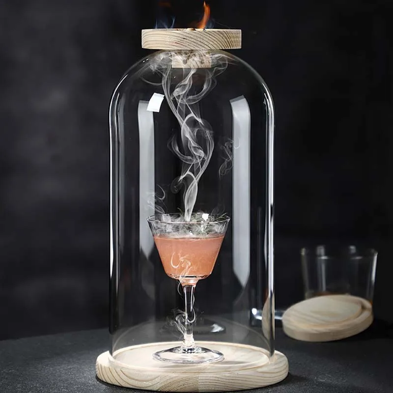 Wholesale Cocktail Infuser Smoking Gun Glass Cloche Dome with Wooden Base