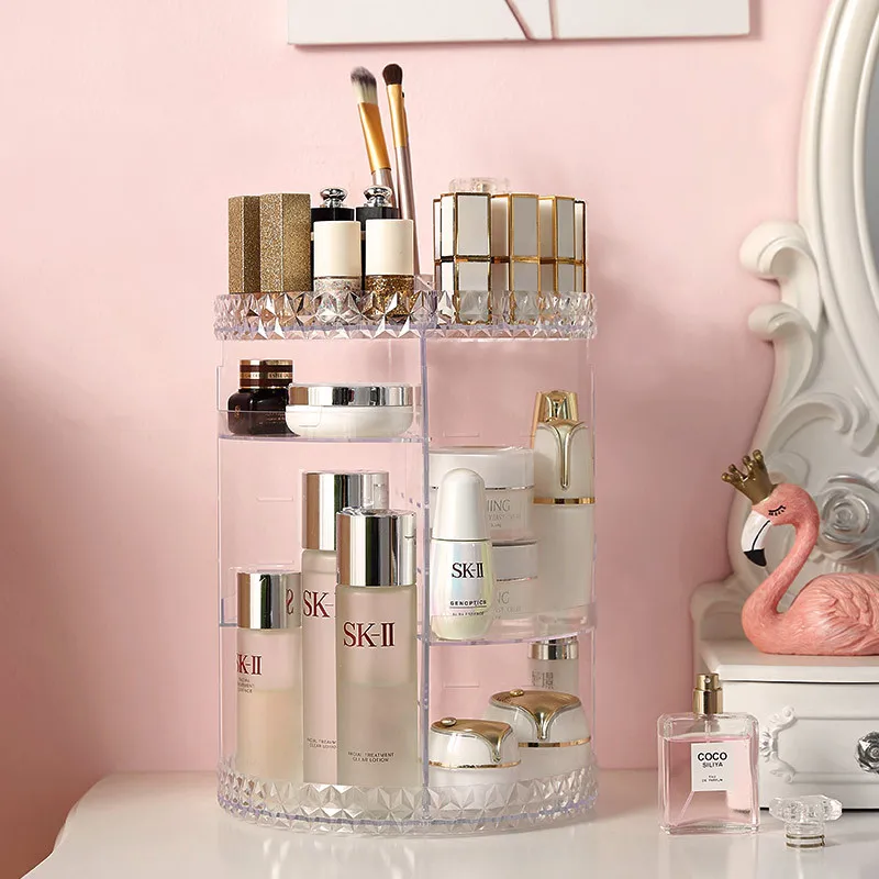Transparent Rotating Makeup Organizer 360 Crystal Desktop Adjustable Cosmetic Storage Boxes Make Up Dressing Tabletop Container
