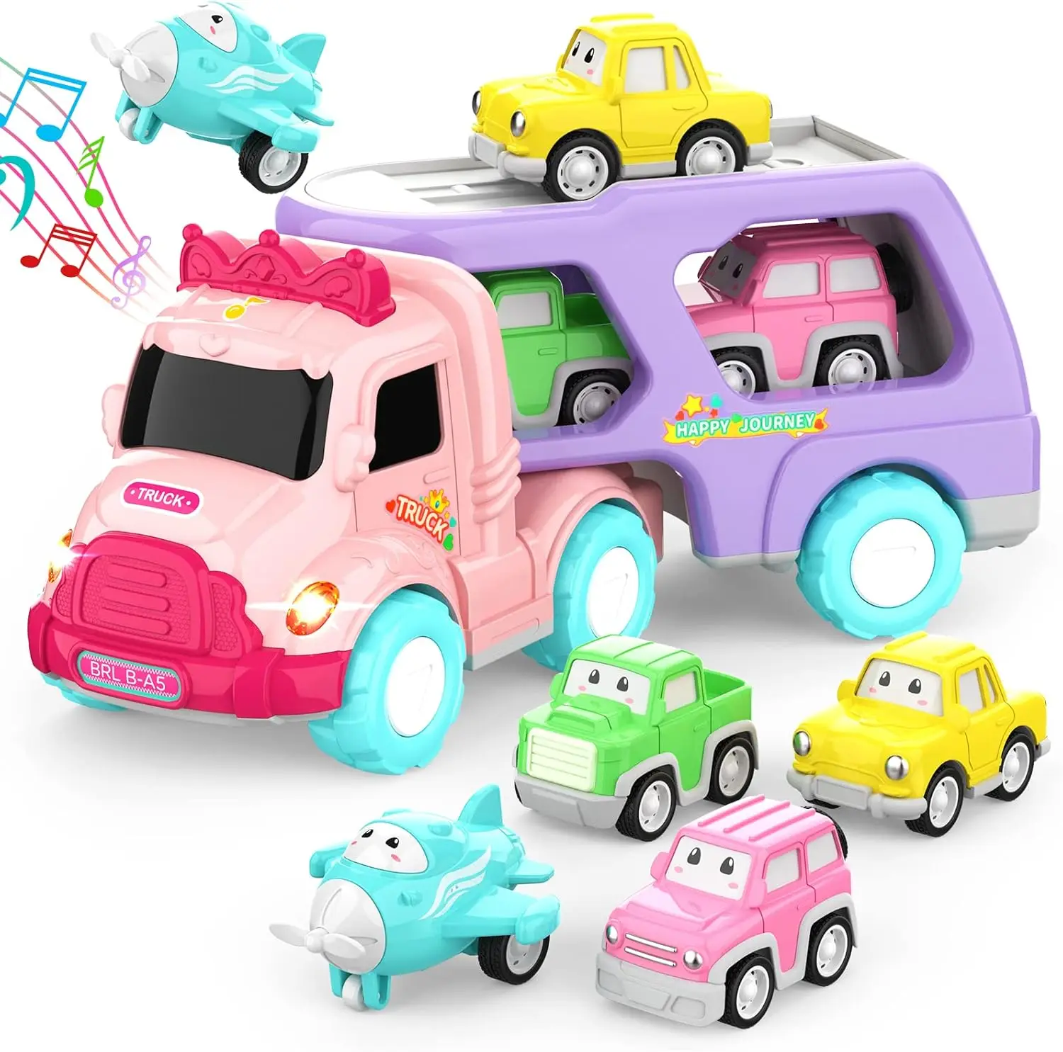 5-in-1 Carrier Truck for Toddler Girl, Friction Power Toy Cars with Light & Sound, Birthday Gifts, Pink