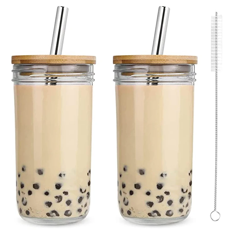 Reusable 24 oz Bubble Tea Cup Wide Mason Mug with Bamboo Lid and Stainless Straw Glass Smoothie Cups