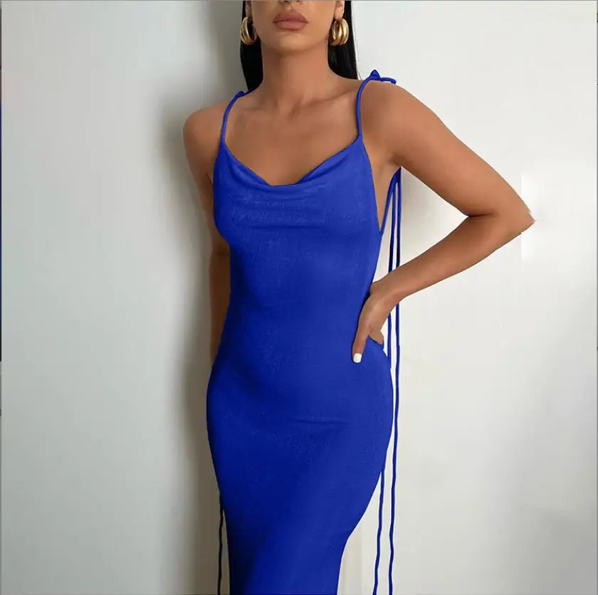 Fashion Design Women Elegant Solid Color Sleeveless Backless Sexy Dress Spaghetti Strap Party Clubwear Women Long Dress