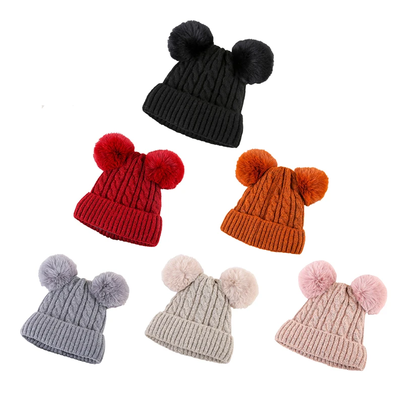 Новая Шапка-бини с логотипом на заказ осень и зиму шапки помпоном двойной толщины теплая Милая вязаная