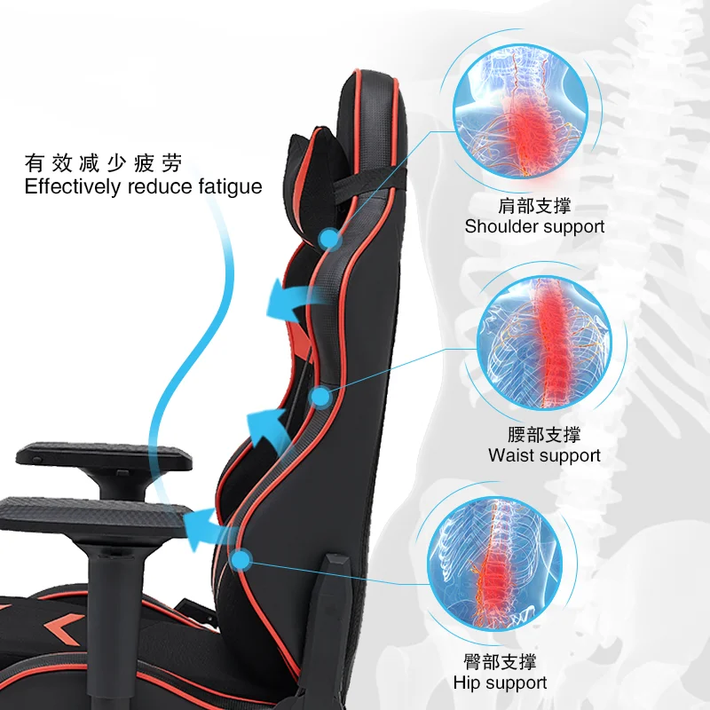 Steel frame structure PU leather adjustment height tilt functigrey gaming chair with footrest and massage  gaming chair gamer