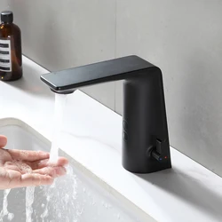 Negro black automatic smart basin faucet taps body full brass valve core copper mixer water cold & hot ac 220 and dc battery 6v