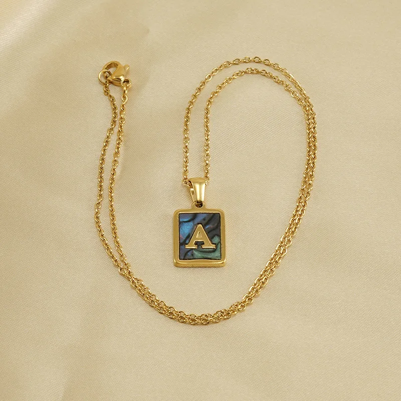 Vintage 18K Gold Stainless Steel A-Z Initial Letter Necklace Alphabet Rectangle Natural Shell Initial Pendant Necklace For Women