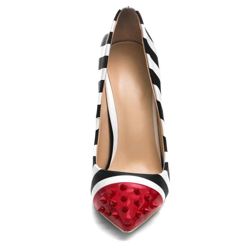 Black White Stripes Pointed Toe Slip On Zebra High Heel Woman Pumps Shoes 2020