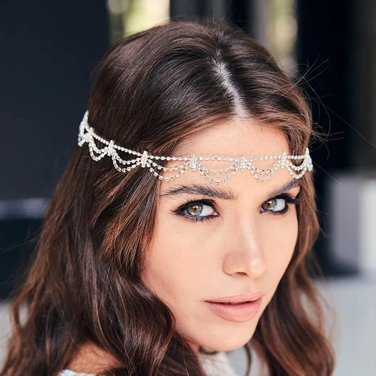 Luxury Personality Wavy Multi Layer Hair Chain Fashion Gothic Rhinestone Headband Fine Jewelry Headdress for Women