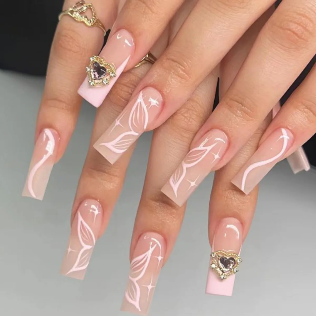 JY luxury Pink Heart French Tip Press on Nails Long Coffin 3D Rhinestones Full Cover Acrylic Fake Nails