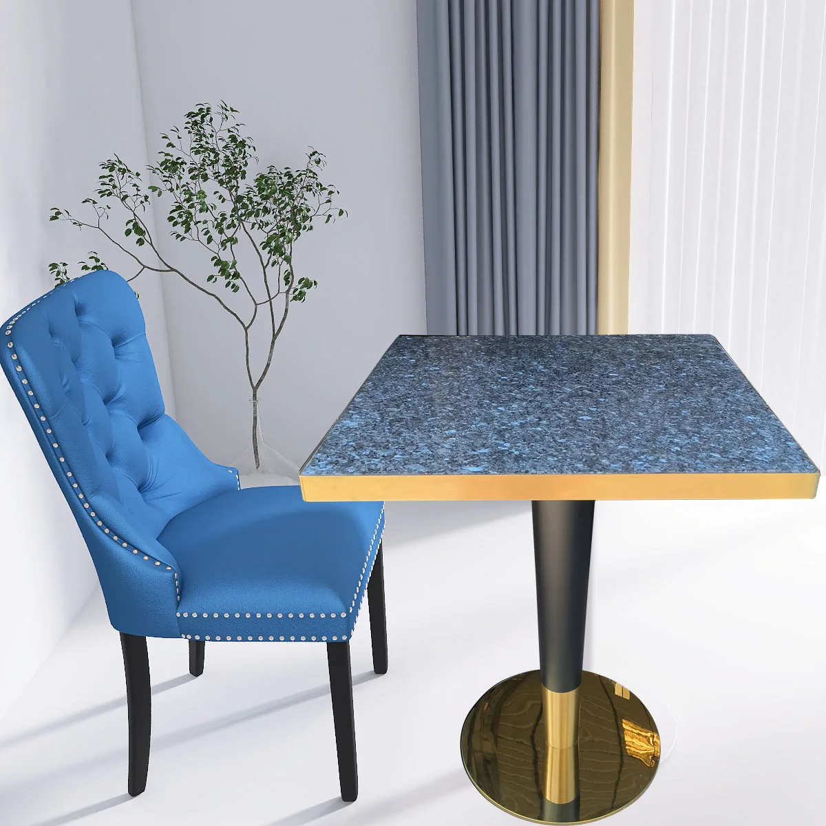 Customized factory directly square blue pearl granite marble dining table top double color conical legs