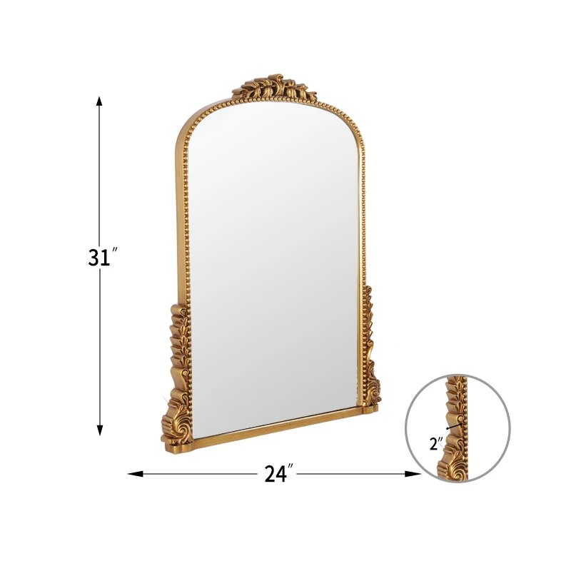 Antiqued Gold Ornate Mirror Arched Mantel Wall Mirror Baroque Inspired Bathroom Vanity Wall Mounted Mirror, 60*80cm