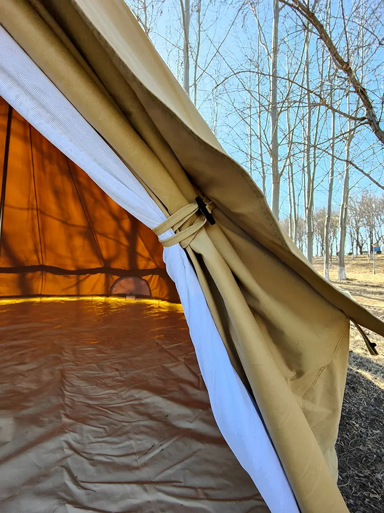 All season large glamping hotel beige cotton canvas event resort bell tent with stove