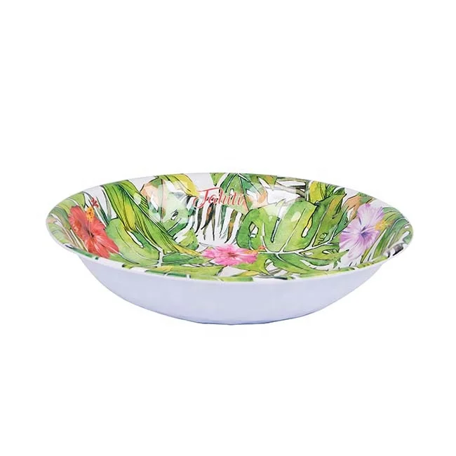 Hot Sale Tropical Design Leaves Flower Printed Pattern Round Dishes Plastic Melamine Salad Mixing Bowls