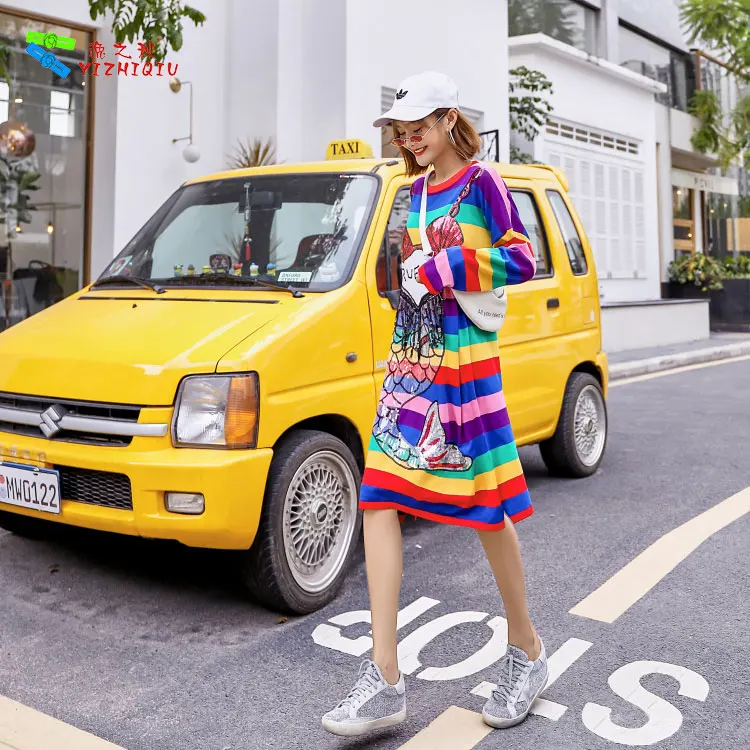 YIZHIQIU casual sequin mermaid rainbow striped winter women long sleeve sweater dress 2019