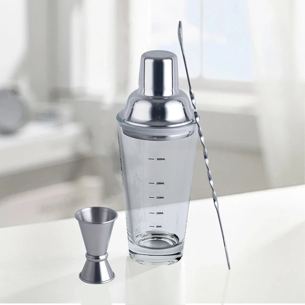 Chunda Customized New Product 3pcs Cocktail Glass Stainless Steel Cocktail Shaker Bar Set with Capacity Mark
