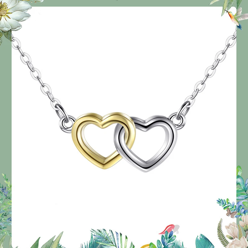 Sweet and lovely s925 sterling silver double heart necklace temperament color separation plating chain pendant female