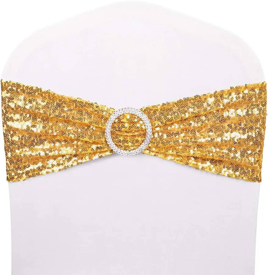 Sequin Stretchy Spandex Bands Bows One-Sided Decor for Romantic Wedding Party Home Chair Cover Gold Chair Sashes