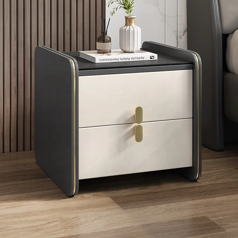 Light luxury rock plate countertop storage bedside table with double drawer