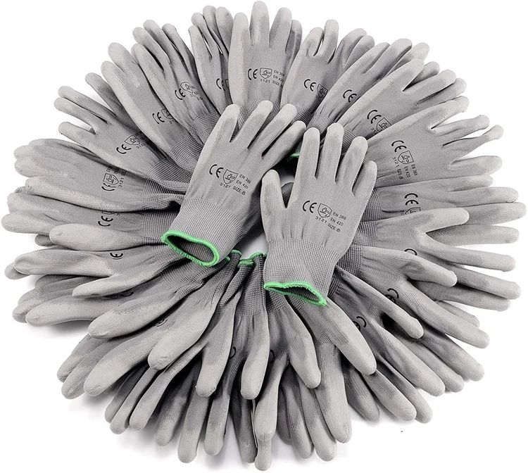 
En388 4131 White Grey Black Knit Nylon Pu Gloves Palm Fit Pu Coated Gloves 