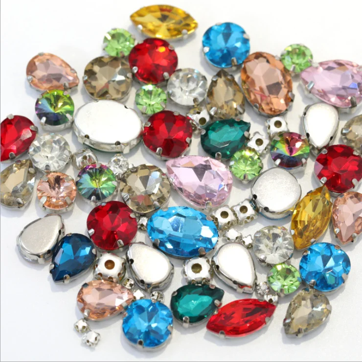 Sew on flat back glass Rhinestone with claw, glass rhinestone in sew on setting