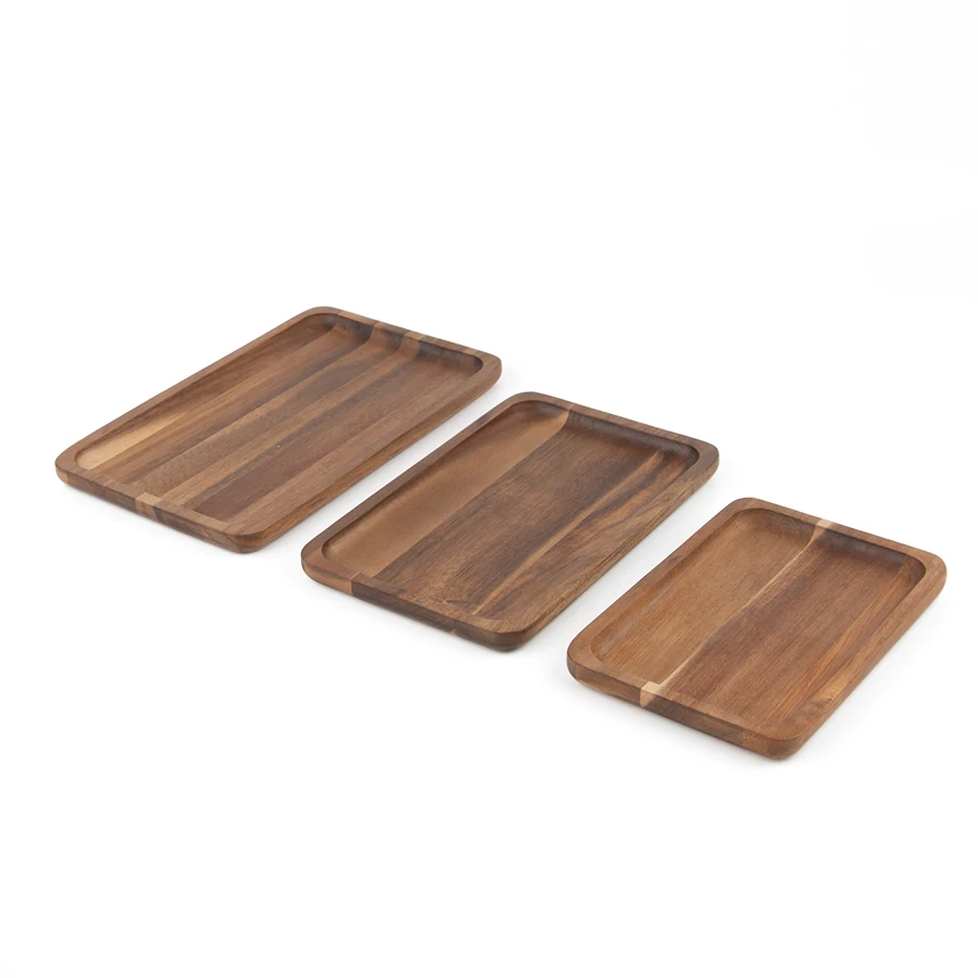 Wholesale Rectangle Wooden Dish and Plate For Serving Snack Appetizer Nuts Acacia Wood Tray Set