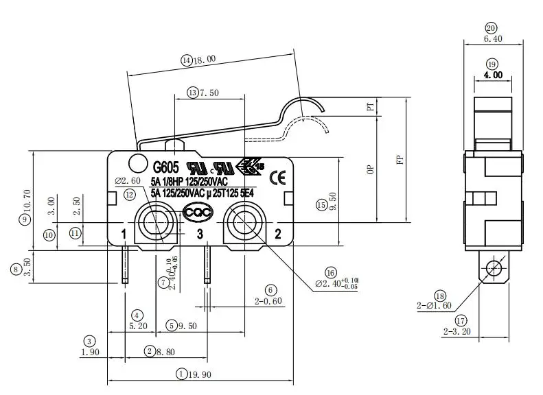 Unionwell 0.1A,5A 10A 125/250V  25T125 G605 Series Miniature Micro switch Gas Stoves mini limit switch