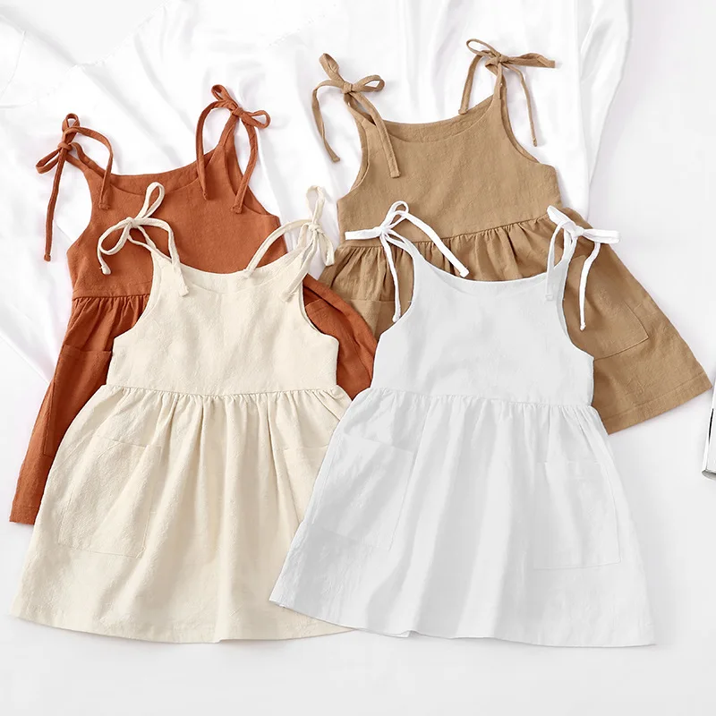 High Quality Factory Price Solid Lovely Baby Dress Summer Linen Cotton Clothes Sleeveless Suspender Dress for Girl