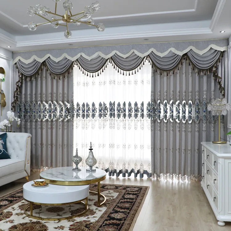 Embroidered Fabric Turkish Style Curtain Lace Curtains Luxury Living Room Woven Grommet China Suppliers Royal Home in Gray Color