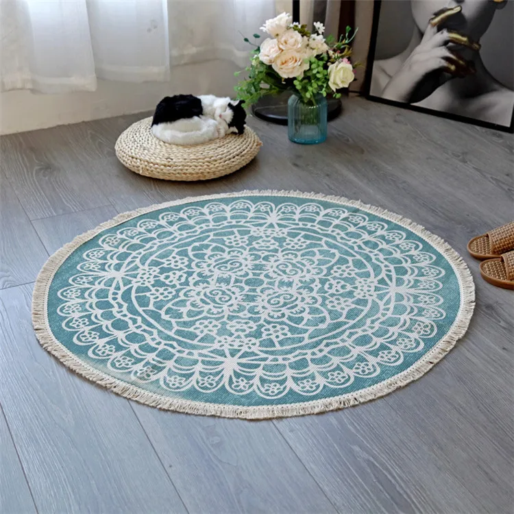 Bohemian Mandala Round Carpet Living Room Bedroom Cotton Line Round Rug Carpet 90x90cm Area Rug Retro Floor Carpet