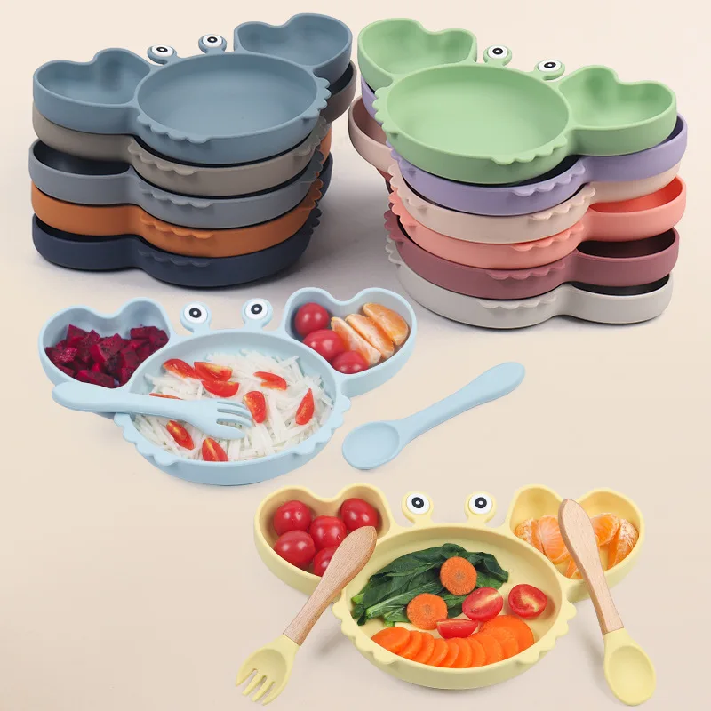 Wholesale BPA Free Baby Mat Feeder Kids Divider Spoon Crab Silicon Dishes Feeding Set for Baby Suction Bowl Silicone Plate