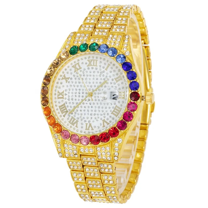 
 Мужские наручные часы Star Dust, разноцветные радужные часы с бриллиантами, украшенные стразами, в стиле хип-хоп  