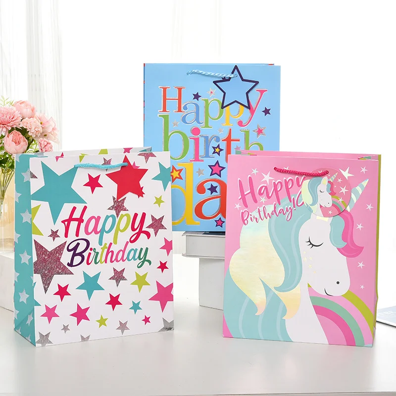 FSC Customizable wholesale unicorn printed eco friendly craft packaging bronzing white card tote paper happy birthday gift bag