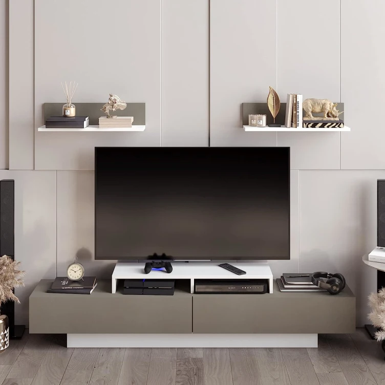 Living Room Furniture Modern European Shelf Television Stand Grey Entertainment Center Tv Cabinet with wall hanging shelf